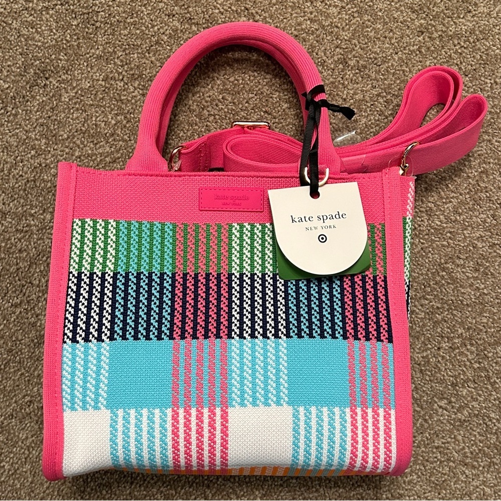 Pink Plaid Knit Kate Spade x Target Crossbody Bag, NWT, Detachable Strap - Picture 5 of 7